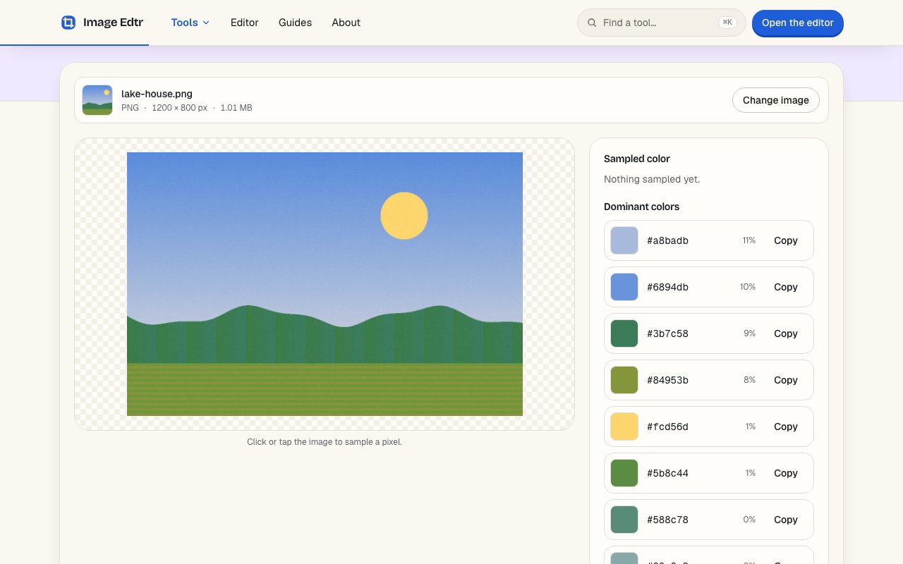 Image Edtr color palette tool showing a photo next to a list of hex color swatches with percentages and Copy buttons