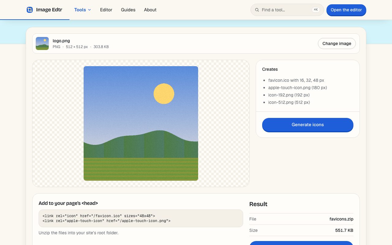 Image Edtr favicon generator with an uploaded logo and a list of the icon files it will create
