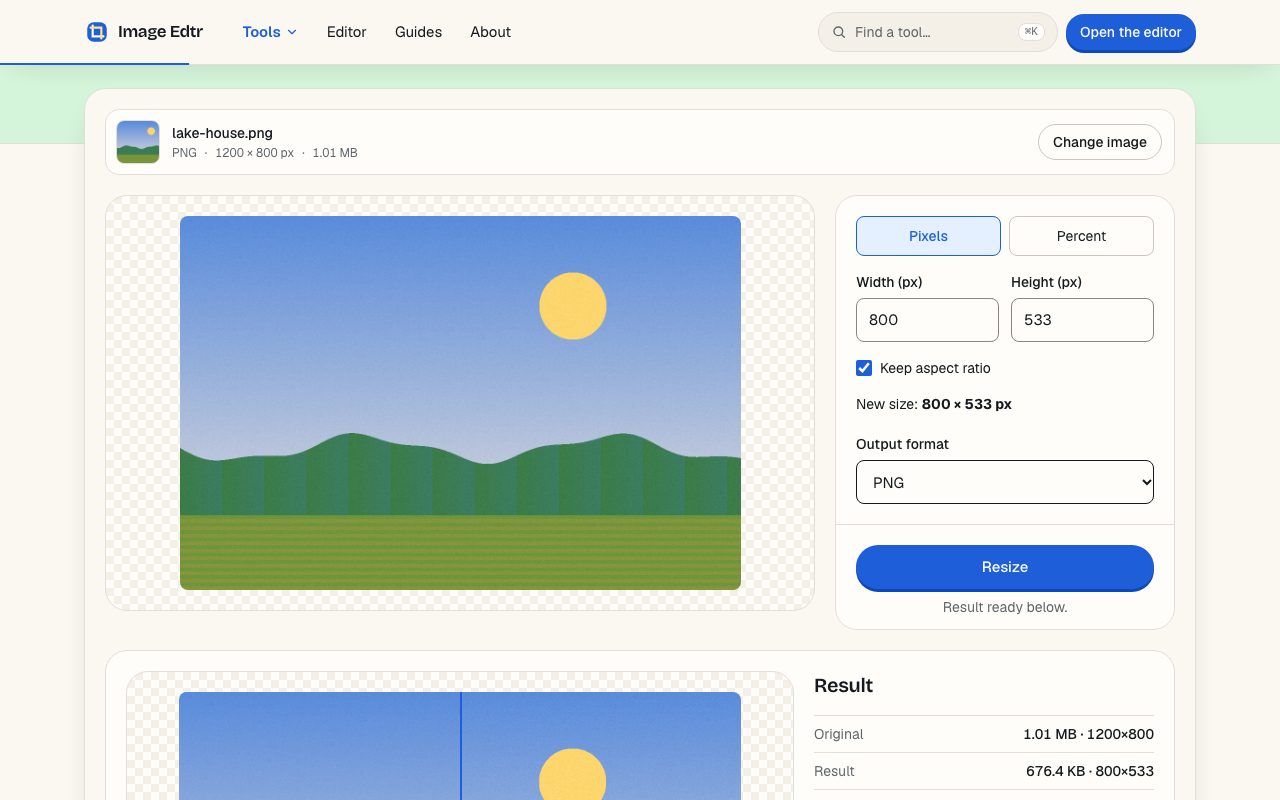 Image Edtr resize image tool showing an image preview, Pixels and Percent toggle, width and height inputs in pixels, a Keep aspect ratio checkbox, and the new size in pixels