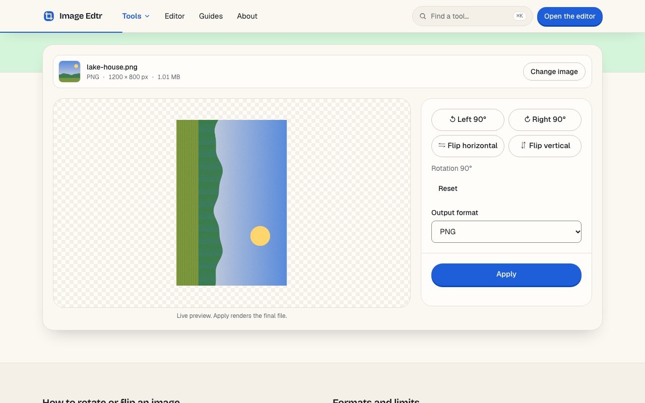 Image Edtr rotate and flip tool showing a photo preview with rotation and flip buttons and output settings